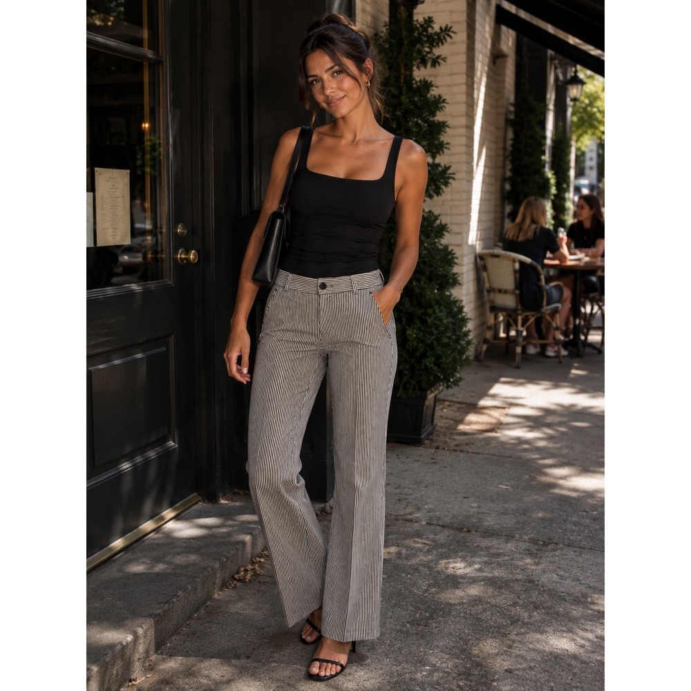 Akris Punto Striped Straight Leg Trousers Black White Stretch Cotton Size 8